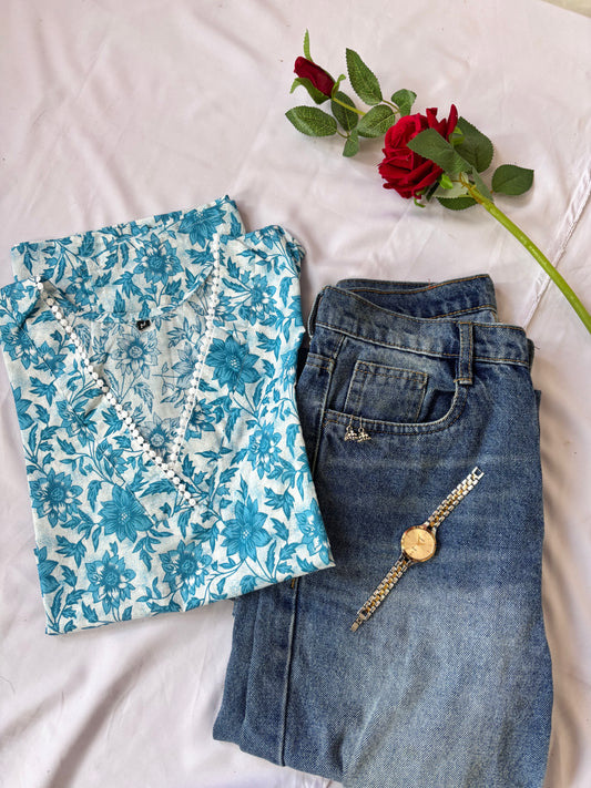 Blue floral cotton kurti
