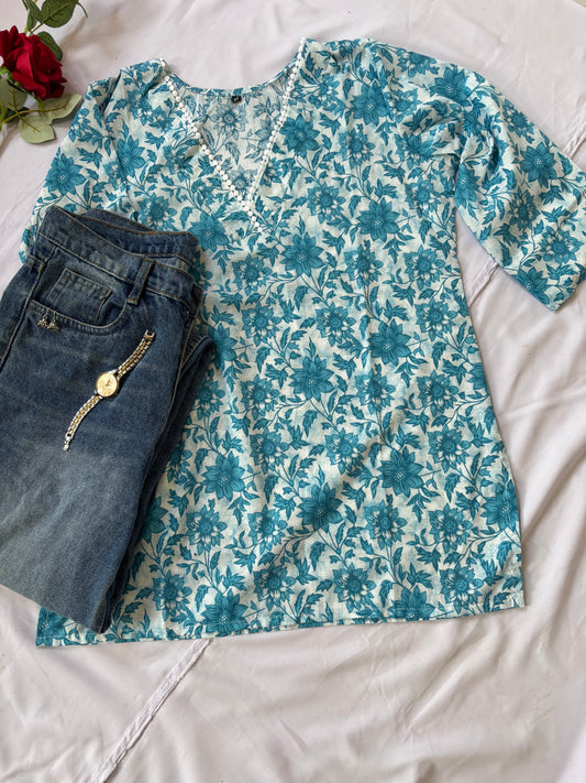 Blue floral cotton kurti