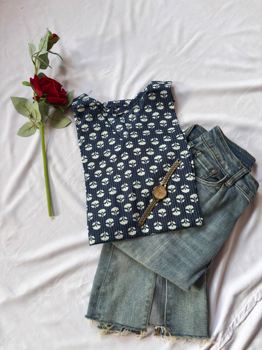 Navy Blue Printed kurti with bell full sleeves