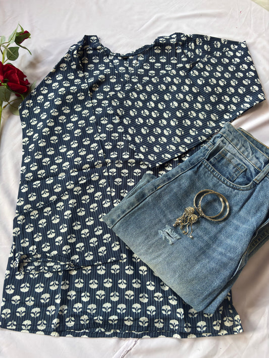 Navy Blue Printed kurti with bell full sleeves